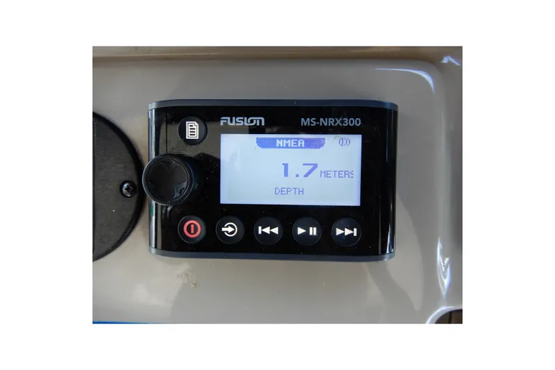 Slide: The Image of Fusion MS-NRX300 marine stereo display showing 1.7 meters depth on a 2008 Sea Ray Sundancer 330. - 36