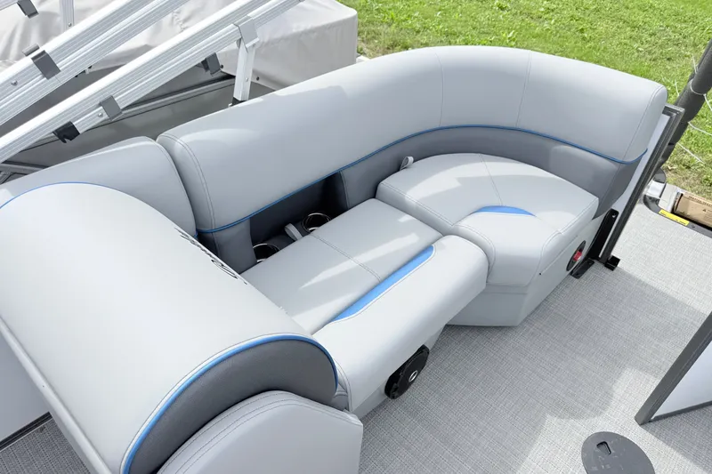 Slide: The Image of Luxurious seating on 2027 Bentley Pontoons Legacy 223 Navigator, featuring sleek gray upholstery. - 6