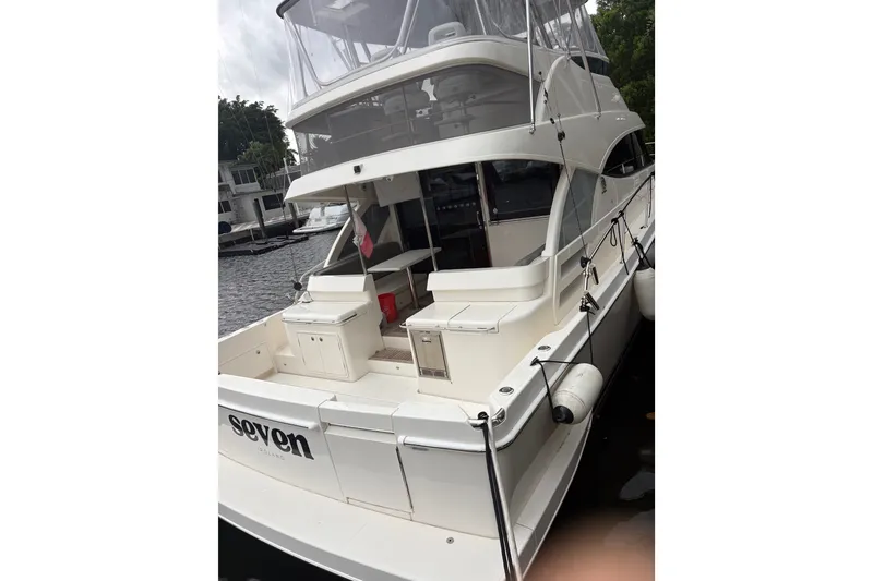 Slide: The Image of 2025 Riviera 46 Sports Motor Yacht docked, rear view with name "Seven" visible. - 6