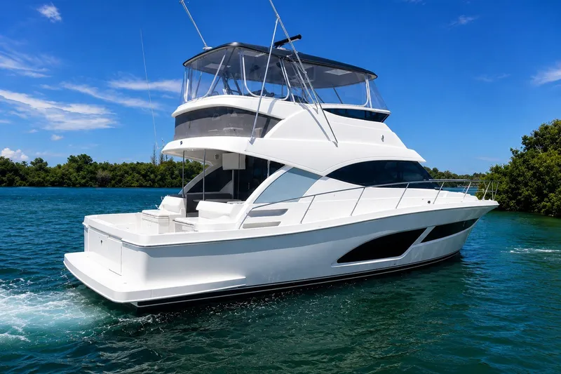 The Image of 2025 Riviera 46 Sports Motor Yacht cruising on clear blue water. - 0