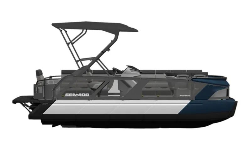 Slide: The Image of 2026 Sea-Doo Switch Cruise 21 pontoon boat with sleek design and canopy. - 6