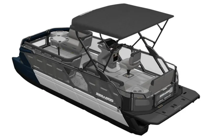Slide: The Image of 2026 Sea-Doo Switch Cruise 21 pontoon boat with canopy and seating arrangement. - 3