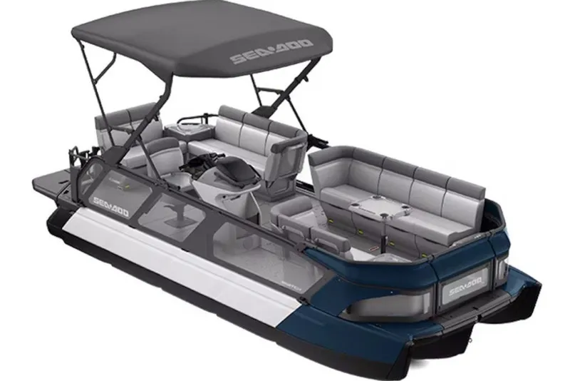 Slide: The Image of 2026 Sea-Doo Switch Cruise 21 pontoon boat with spacious seating and canopy. - 5