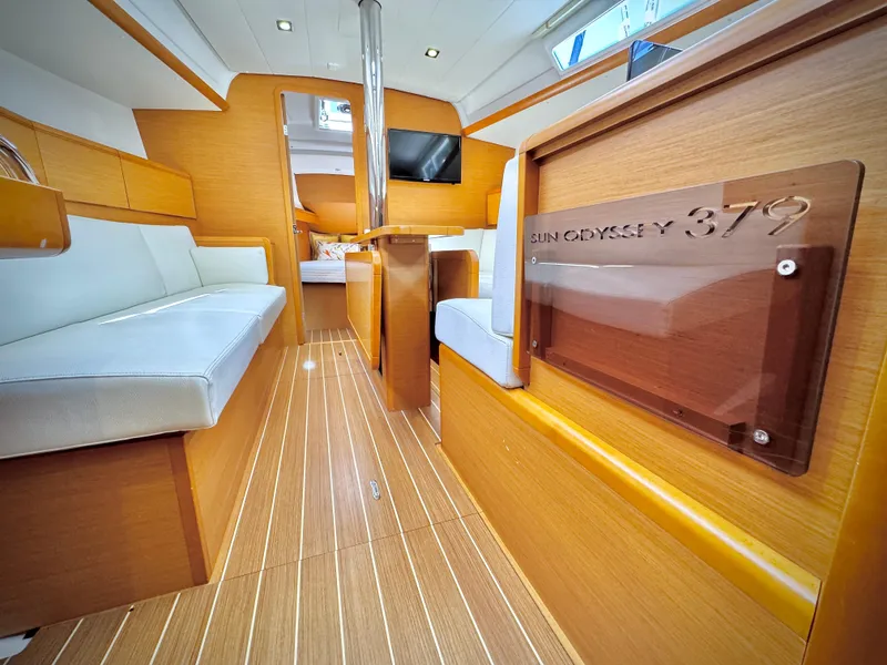 Slide: The Image of Interior of 2015 Jeanneau Sun Odyssey 379 sailboat with wood finish and modern design. - 37