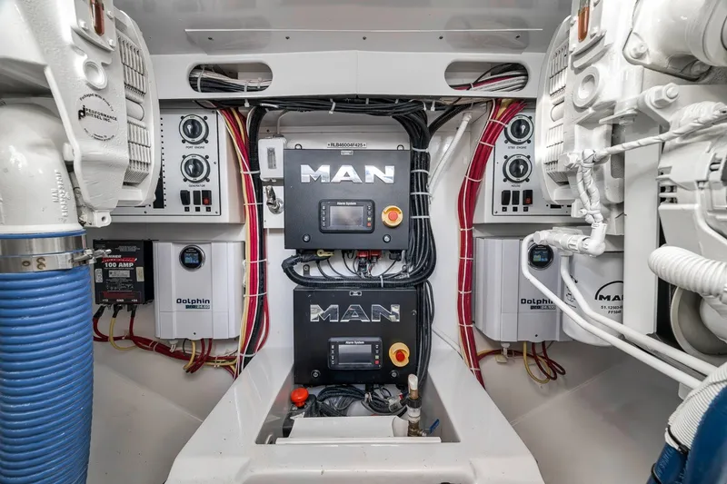 Slide: The Image of Engine room of 2025 Release Boatworks 46 Express, featuring MAN engines and electrical systems. - 42