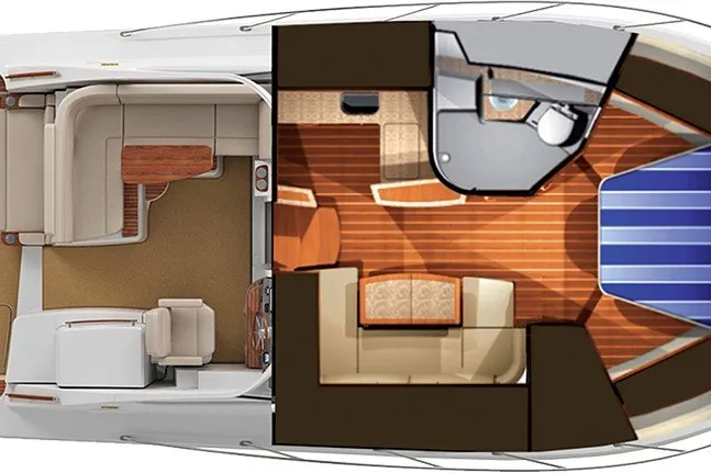 Slide: The Image of 2016 Tiara Yachts 3900 Coronet interior layout with seating and cabin areas. - 17