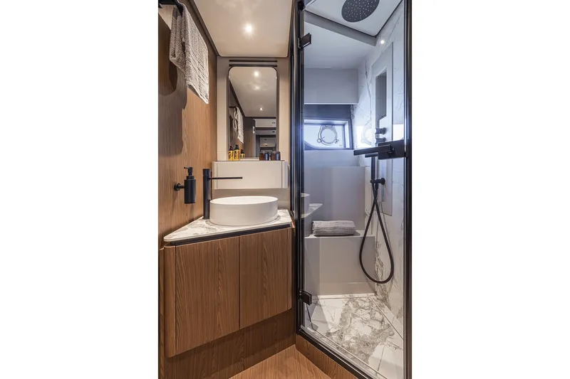 Slide: The Image of Luxurious bathroom interior of 2025 Ferretti Yachts 580 with modern fixtures and elegant design. - 39