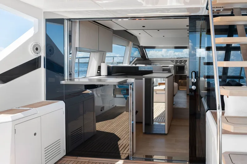 Slide: The Image of Luxurious interior of 2025 Ferretti Yachts 580, featuring modern design and ocean view. - 48