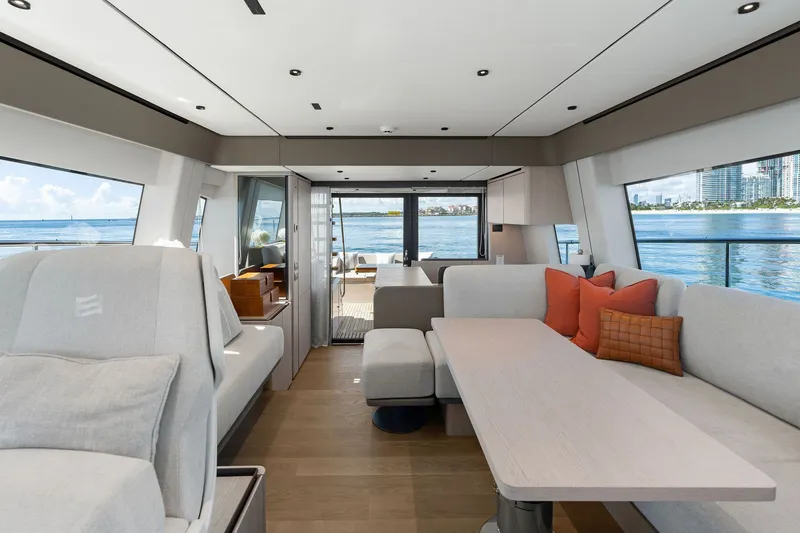 Slide: The Image of Luxurious interior of 2025 Ferretti Yachts 580 with modern seating and ocean view. - 43