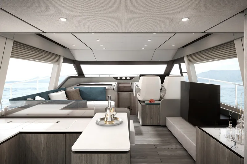Slide: The Image of Luxurious interior of 2025 Ferretti Yachts 580, featuring modern design and panoramic views. - 20