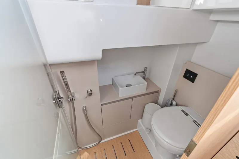 Slide: The Image of Modern bathroom in 2025 Ferretti Yachts 580, featuring sleek fixtures and compact design. - 70