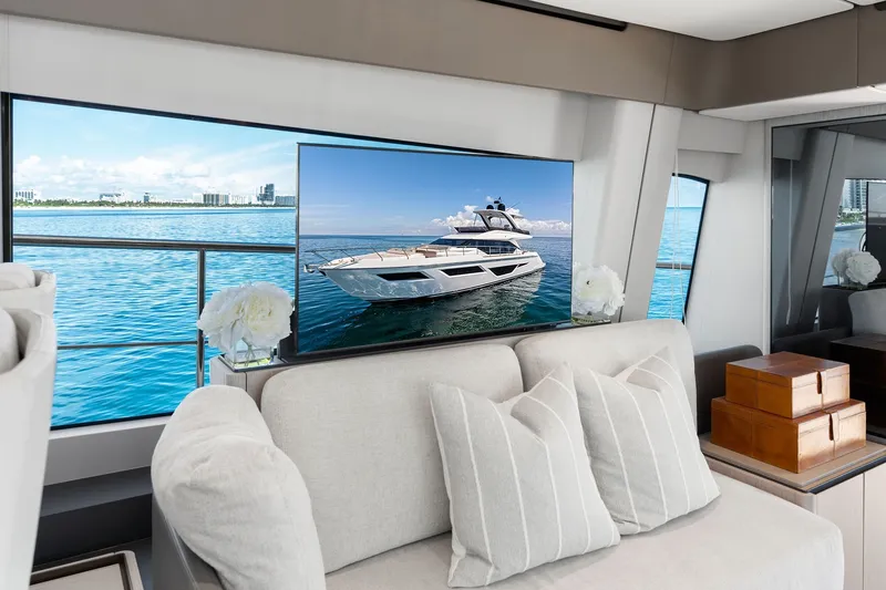 Slide: The Image of Luxurious interior of 2025 Ferretti Yachts 580 with ocean view and elegant decor. - 42
