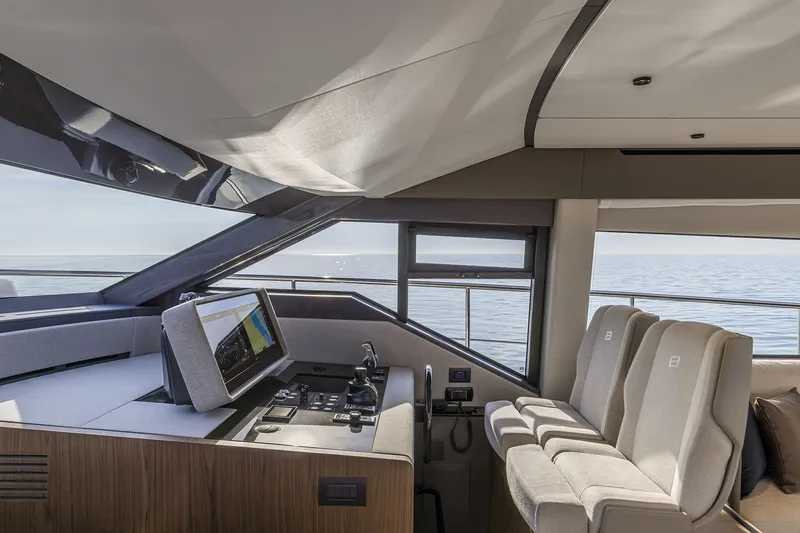 Slide: The Image of Interior of 2025 Ferretti Yachts 580, featuring modern helm and luxurious seating. - 22