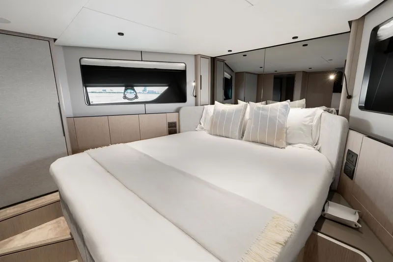Slide: The Image of Luxurious bedroom interior of 2025 Ferretti Yachts 580, featuring elegant design and modern amenities. - 59