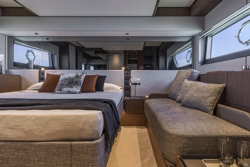 Slide: The Image of Luxurious bedroom interior of 2025 Ferretti Yachts 580, featuring elegant design and modern furnishings. - 30