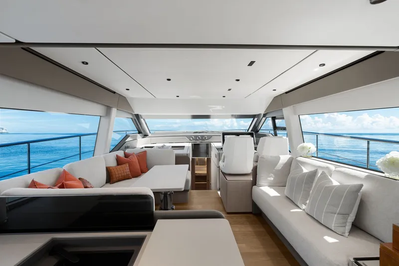 Slide: The Image of Luxurious interior of 2025 Ferretti Yachts 580, featuring elegant seating and ocean views. - 38