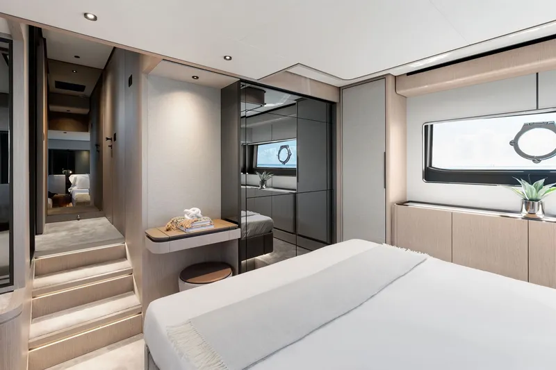 Slide: The Image of Luxurious interior of 2025 Ferretti Yachts 580, featuring elegant bedroom design and modern decor. - 52