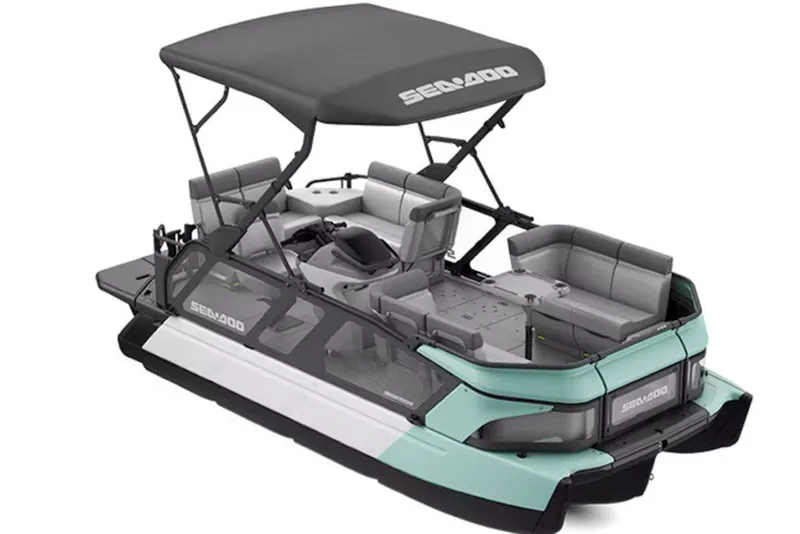 Slide: The Image of 2026 Sea-Doo Switch Cruise 18 pontoon boat with canopy and seating. - 2