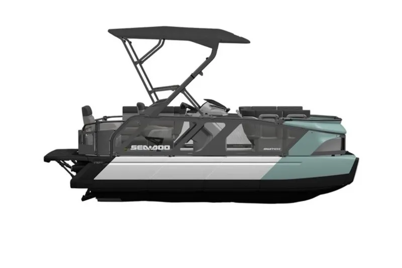 Slide: The Image of 2026 Sea-Doo Switch Cruise 18 pontoon boat, side view, modern design. - 4