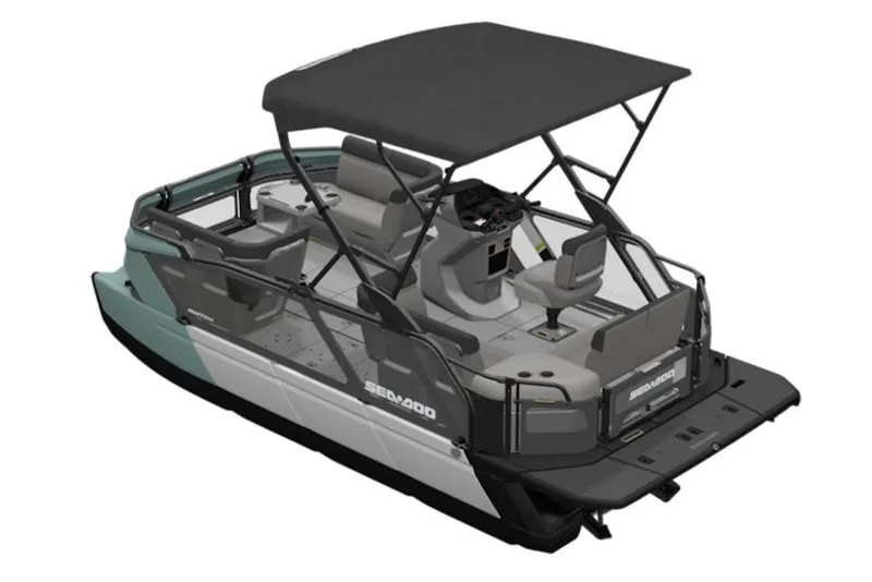 Slide: The Image of 2026 Sea-Doo Switch Cruise 18 pontoon boat with canopy and modern seating design. - 6