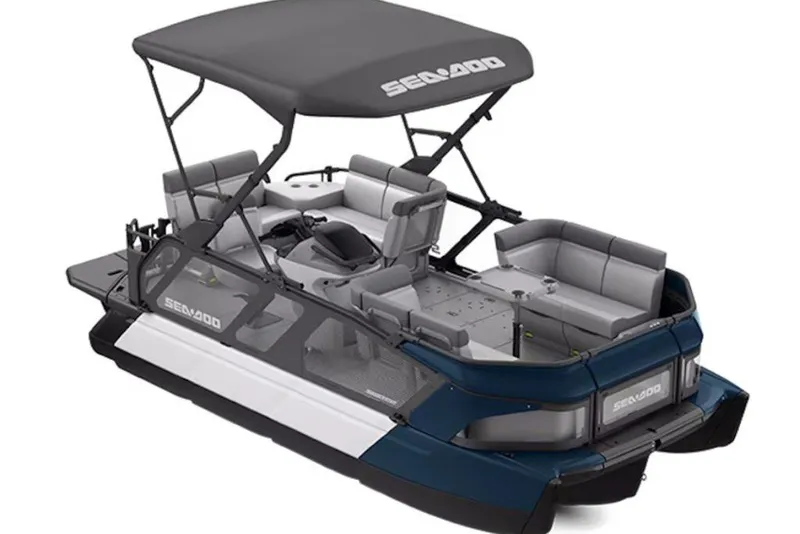 Slide: The Image of 2026 Sea-Doo Switch Cruise 18 pontoon boat with canopy and spacious seating. - 5