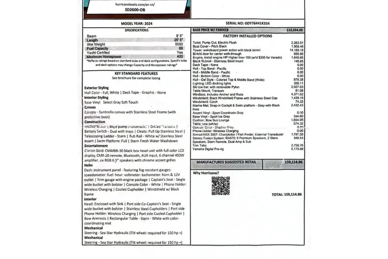 Slide: The Image of 2024 Hurricane SunDeck 2600 OB specifications and features list with pricing details. - 19