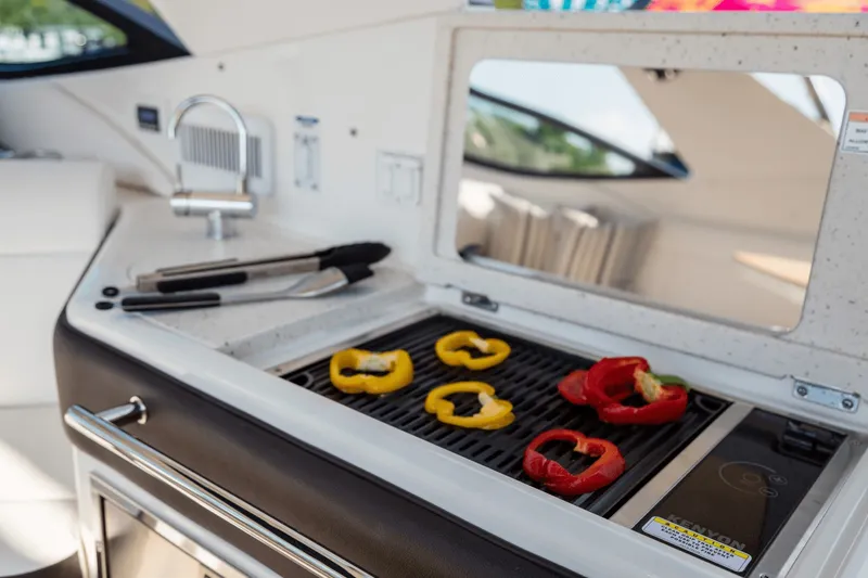 Slide: The Image of The 2026 Sea Ray Sundancer 320 Outboard features a built-in grill with bell pepper slices. - 18