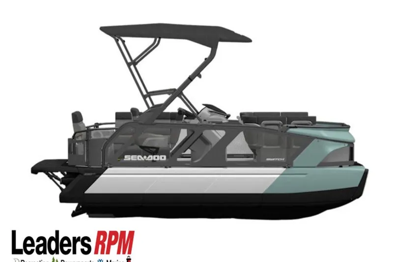 The Image of 2026 Sea-Doo Switch Cruise 18 pontoon boat with canopy, side view. - 2