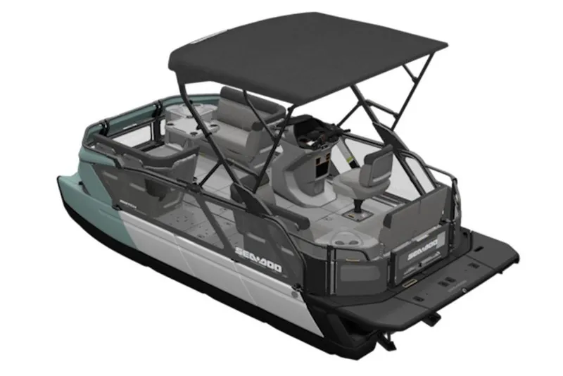 Slide: The Image of 2026 Sea-Doo Switch Cruise 18 pontoon boat with canopy and seating, side view. - 5