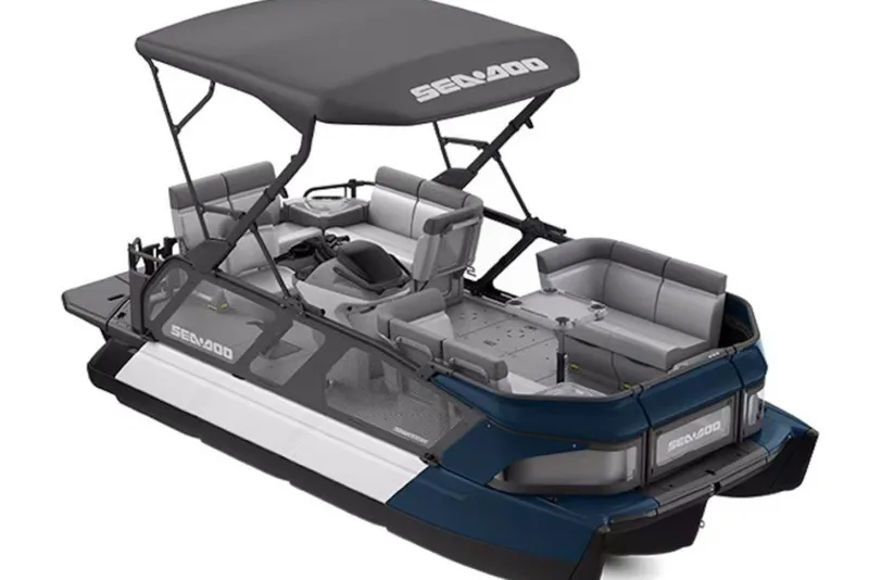 Slide: The Image of 2026 Sea-Doo Switch Cruise 18 pontoon boat with canopy and spacious seating. - 7