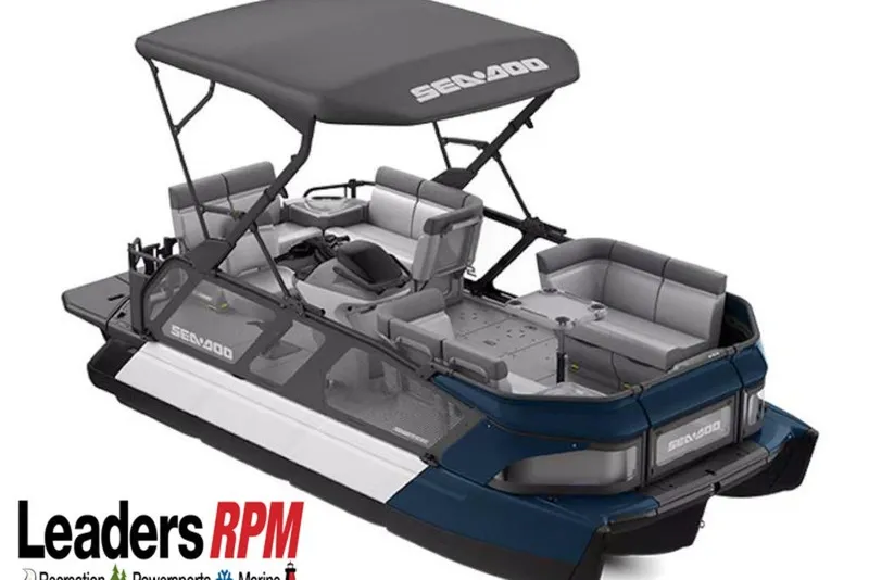 Slide: The Image of 2026 Sea-Doo Switch Cruise 18 pontoon boat with canopy and seating, displayed by Leaders RPM. - 6