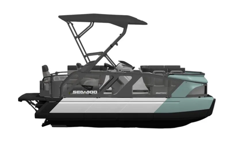 Slide: The Image of 2026 Sea-Doo Switch Cruise 18 pontoon boat with canopy, side view. - 4