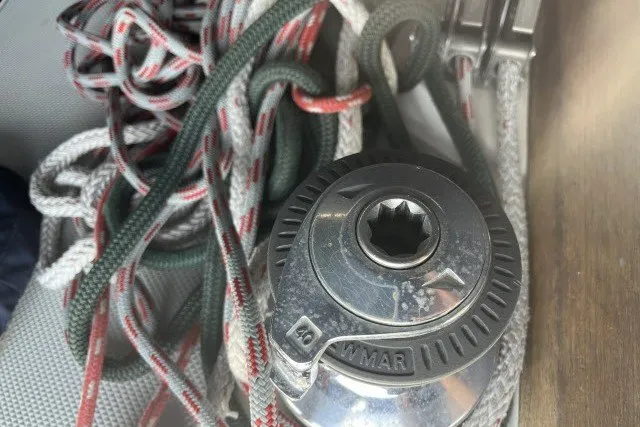 Slide: The Image of Winch and ropes on a 1990 Catalina 42 sailboat deck. - 22