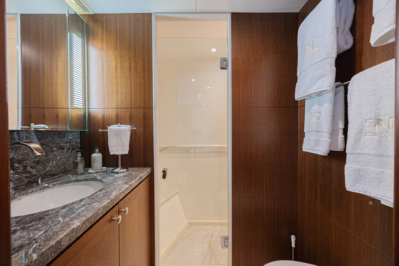Slide: The Image of Luxurious bathroom in 2016 Ocean Alexander 100 Skylounge Megayacht with marble countertop. - 36
