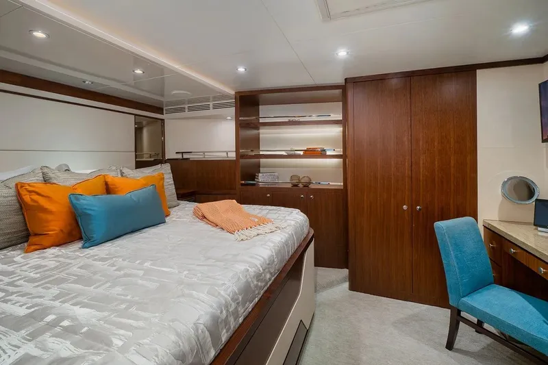 Slide: The Image of Luxurious bedroom in 2016 Ocean Alexander 100 Skylounge Megayacht with elegant decor and cozy furnishings. - 29