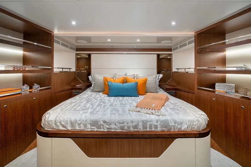 Slide: The Image of Luxurious bedroom interior of 2016 Ocean Alexander 100 Skylounge Megayacht with elegant wood finishes. - 28