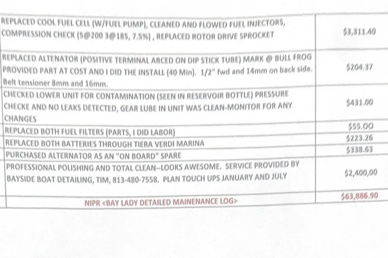 Slide: The Image of Maintenance log for 2008 Sea Ray 240 Sundeck detailing repairs and costs. - 89