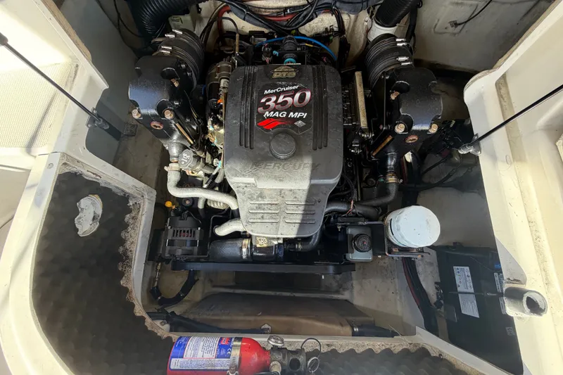 Slide: The Image of Engine compartment of a 2008 Sea Ray 240 Sundeck with MerCruiser 350 MAG MPI engine. - 83