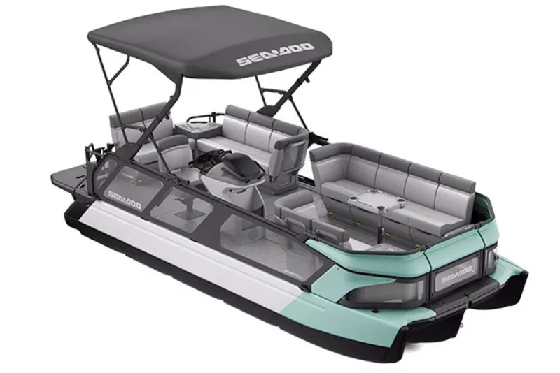 Slide: The Image of 2027 Sea-Doo Switch Cruise 21 pontoon boat with spacious seating and canopy. - 42