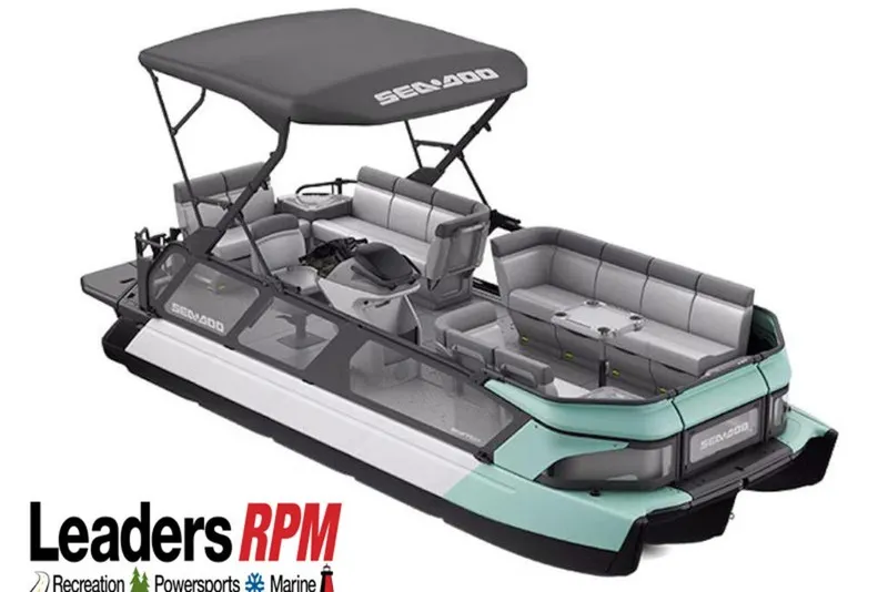 Slide: The Image of 2027 Sea-Doo Switch Cruise 21 pontoon boat with canopy and spacious seating. - 37