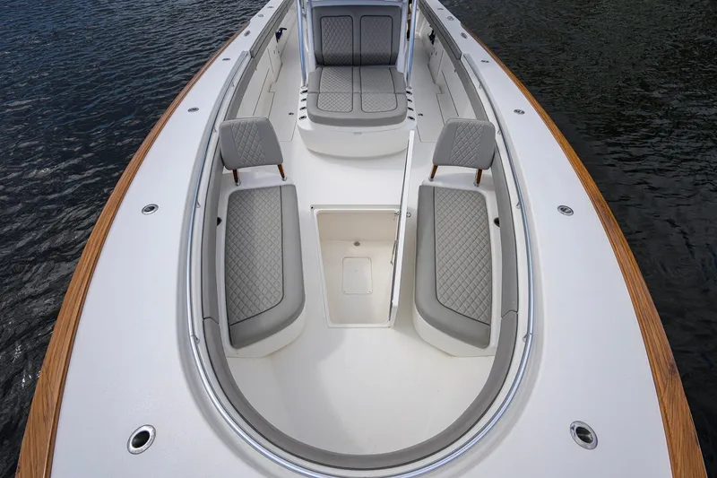 Slide: The Image of Luxurious 2021 Valhalla V-41 boat interior with elegant seating and sleek design. - 61
