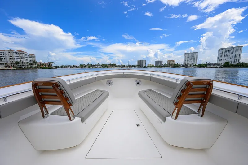 Slide: The Image of 2021 Valhalla V-41 boat interior with waterfront cityscape and blue sky. - 51