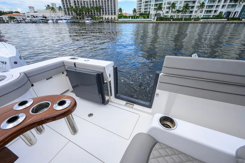 Slide: The Image of 2021 Valhalla V-41 boat interior with water view and luxury seating. - 34