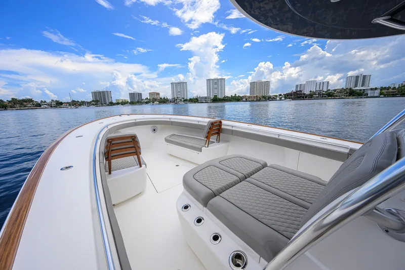 Slide: The Image of Luxurious 2021 Valhalla V-41 boat interior with waterfront cityscape view. - 48