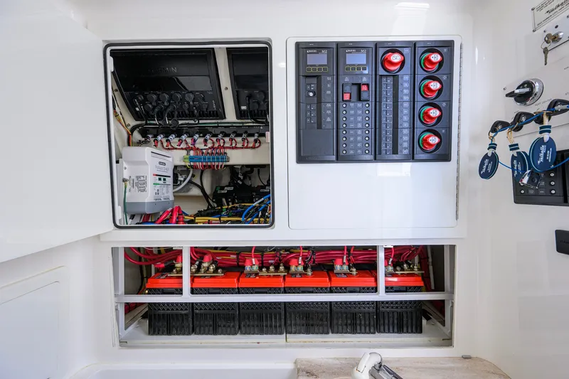Slide: The Image of Electrical panel and battery setup in 2021 Valhalla V-41 boat. - 75