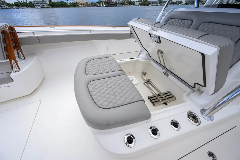 Slide: The Image of Luxurious seating and storage on 2021 Valhalla V-41 boat, with quilted upholstery. - 59
