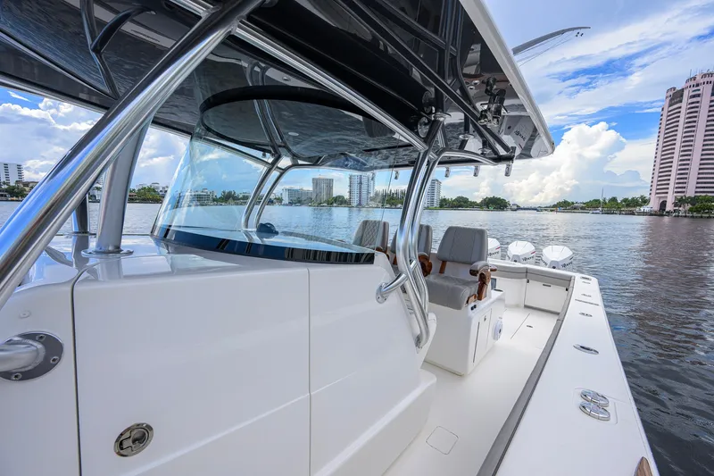 Slide: The Image of 2021 Valhalla V-41 boat on water, showcasing sleek design and modern features. - 39