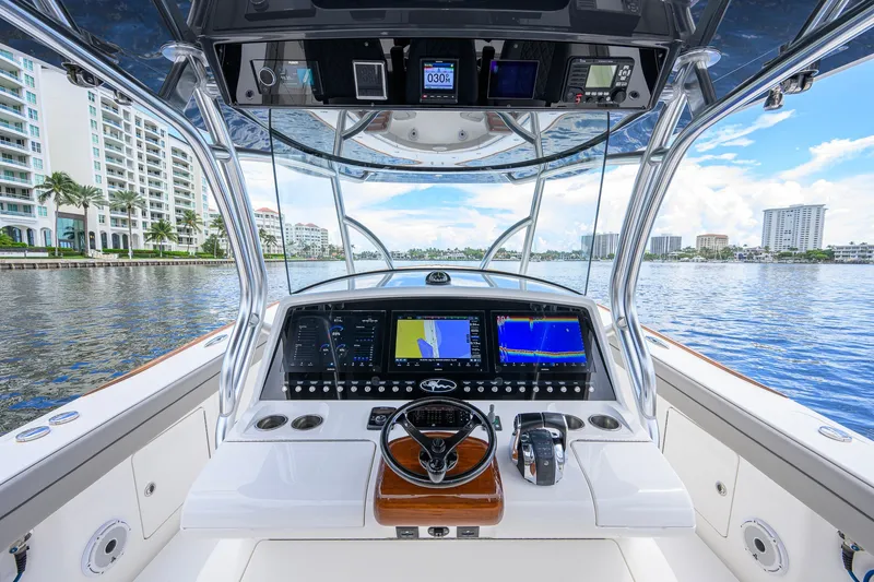 Slide: The Image of Cockpit view of 2021 Valhalla V-41 boat with modern navigation system. - 43