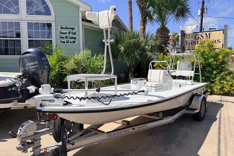 Slide: The Image of 2022 Beavertail Skiffs Mosquito 18' boat with Yamaha motor on trailer. - 2