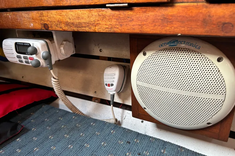 Slide: The Image of Vintage Halberg Rassey P-28 boat interior with radio and speaker system, 1975 model. - 39